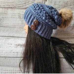 Crochet Blue Slouchy Beanie Hat